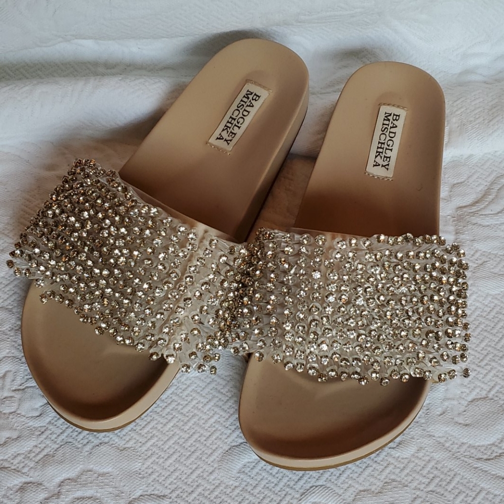 Badgley Mischka Horton Nude Crystal Slide Sandals